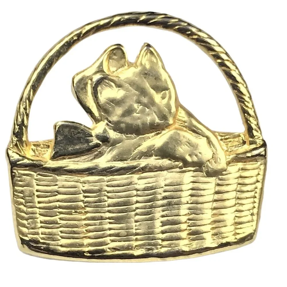 Cat in Basket Gold Tone Vintage Pin Brooch